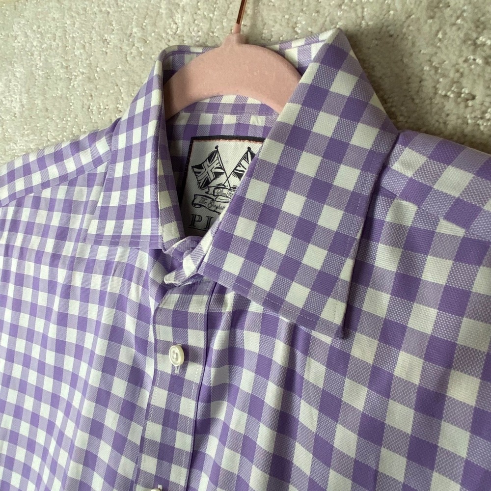 Thomas Pink Dress Shirt Men's 15.5 Purple Gingham Slim Fit Cotton Long Sleeve